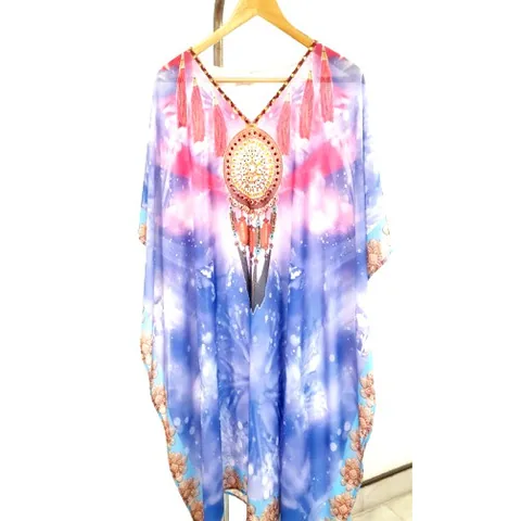 Tie-dye kaftan with beaded neckline